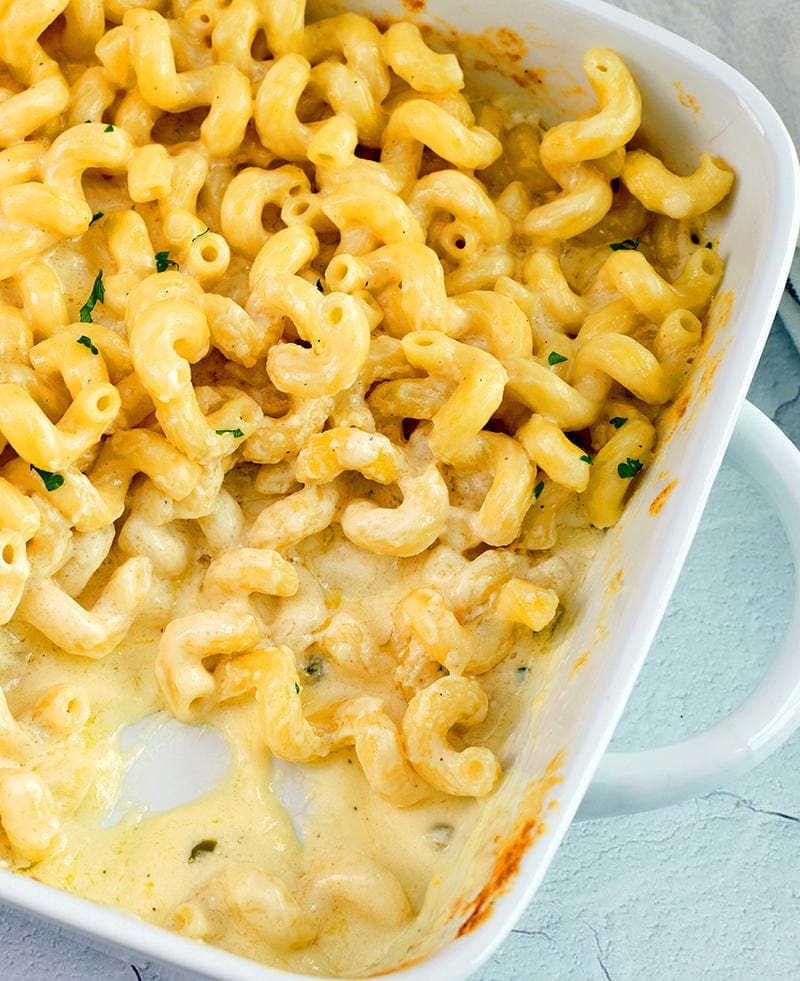 Half and pan of gouda mac and cheese.