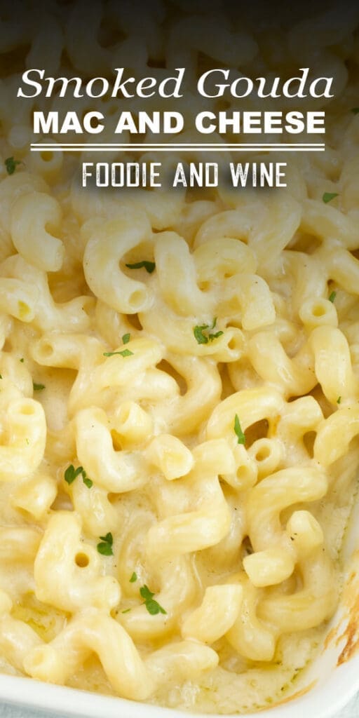 Pinterest graphic for smoked gouda mac and cheese.