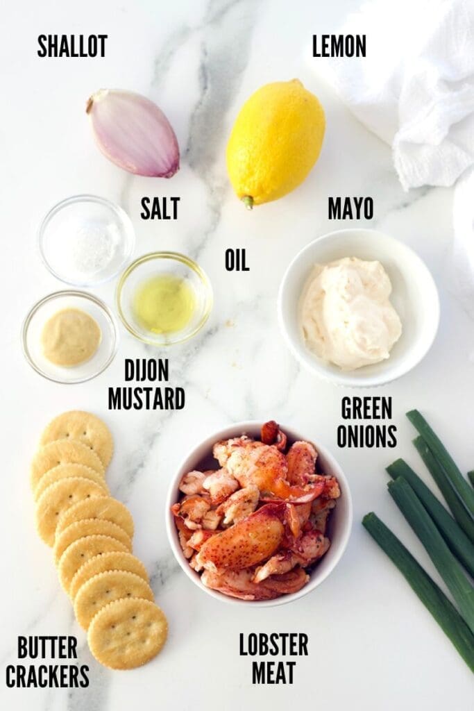 Labeled photo with ingredients for making seafood bowls.