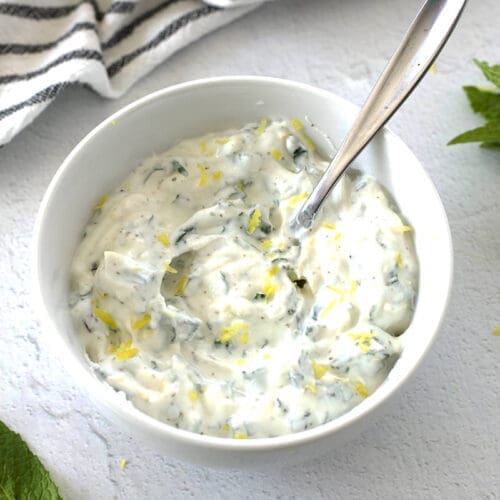 White bowl and serving spoon of lamb sauce.