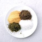 White plate with Santa Maria Seasoning on it.