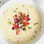 White Queso topped with pico de Gallo.