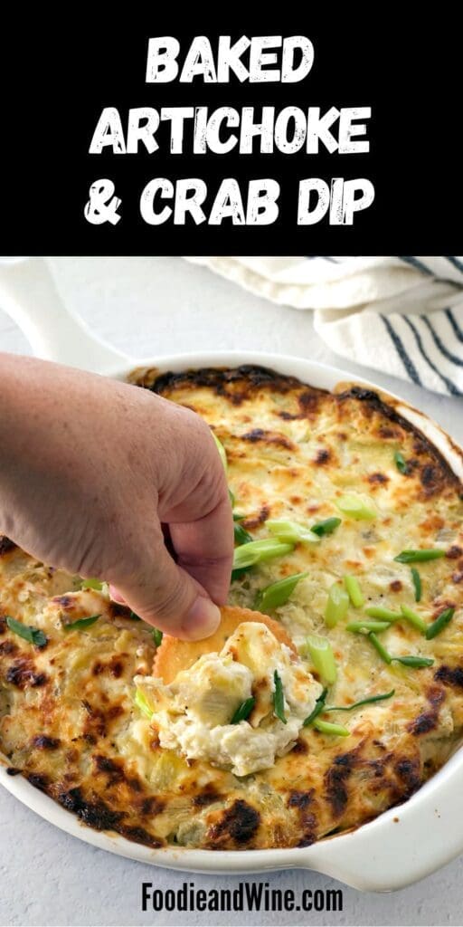 Pinterest graphic for crab and artichoke dip.