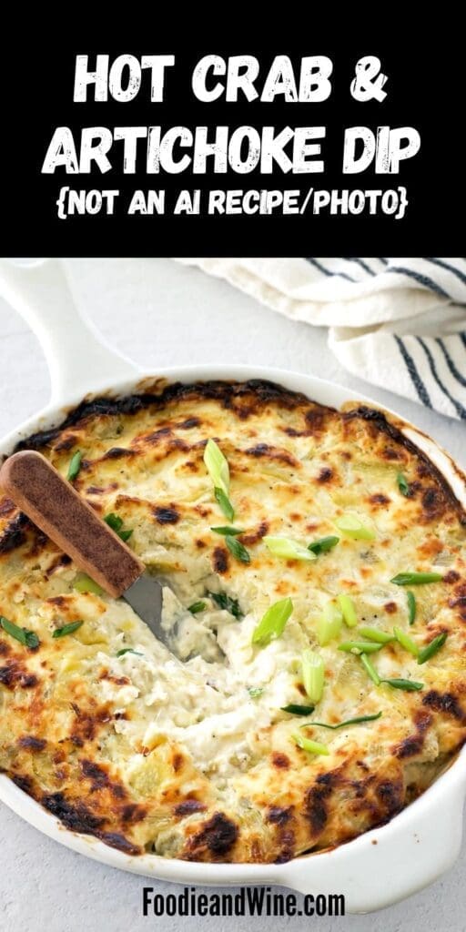 Pinterest graphic for crab artichoke dip.