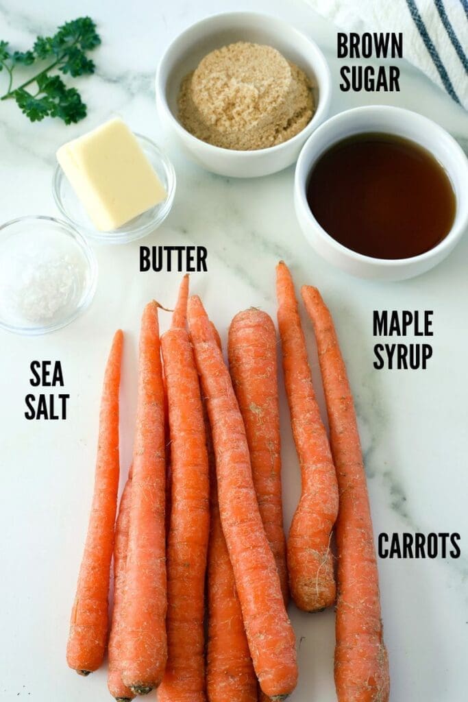 Labeled photos showing the ingredients to make a carrot recipe.