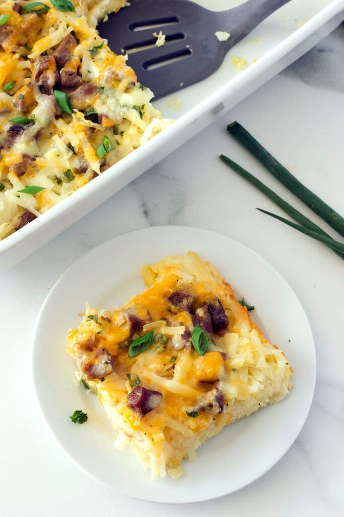 piece of an egg bake on a white plate.