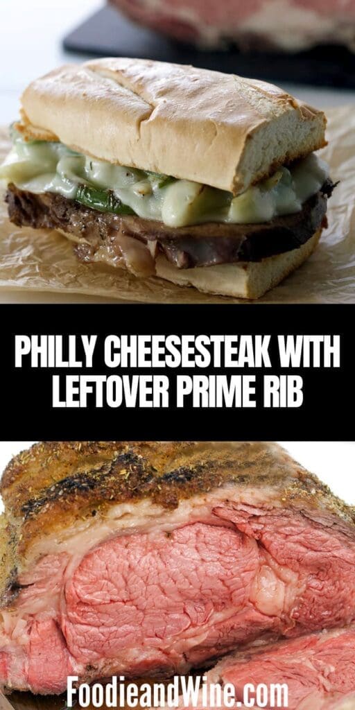 Pinterest graphic for Philly cheesesteak with leftover prime rib.