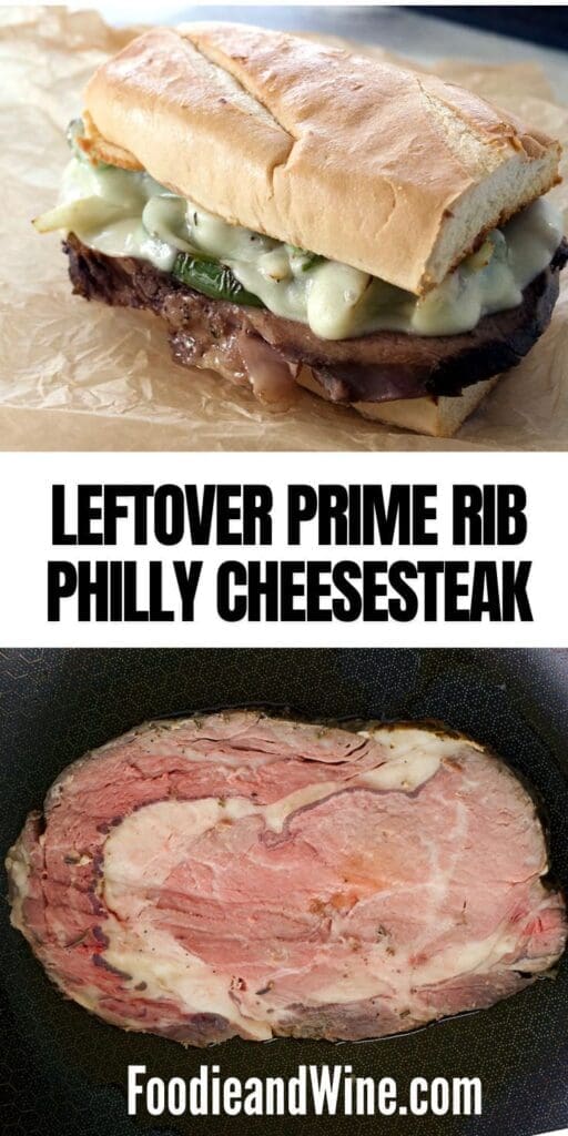 Pinterest graphic for Philly cheesesteak with leftover prime rib.