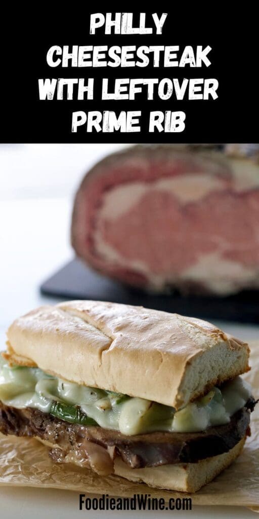 Pinterest graphic for Philly cheesesteak with leftover prime rib.