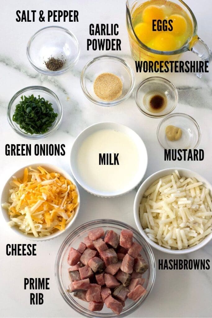 Labeled photo showing the ingredients to make breakfast casserole.
