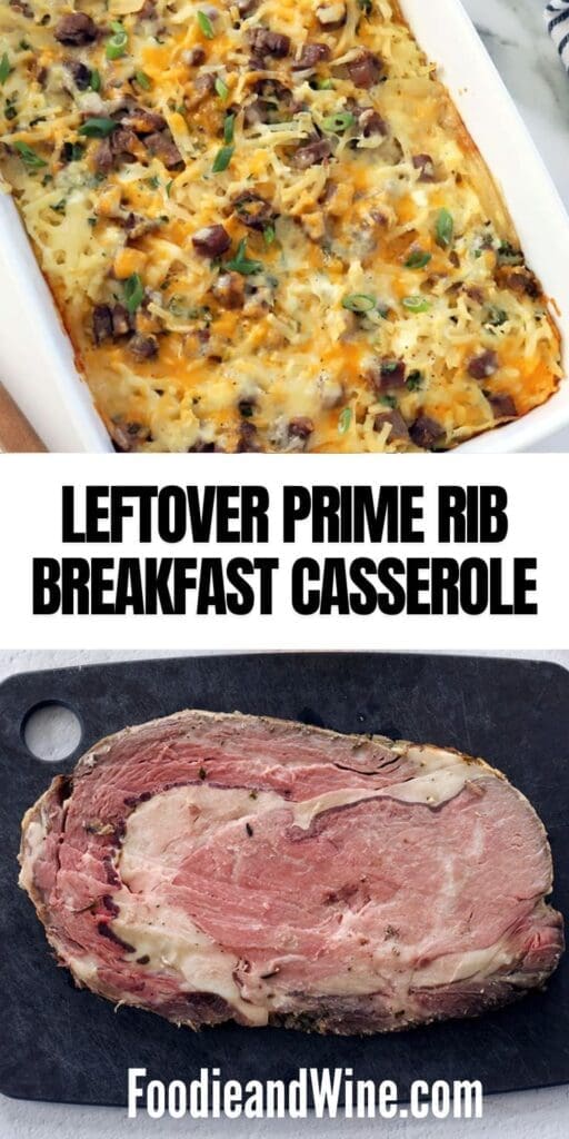 Pinterest graphic for leftover prime rib hashbrown casserole.