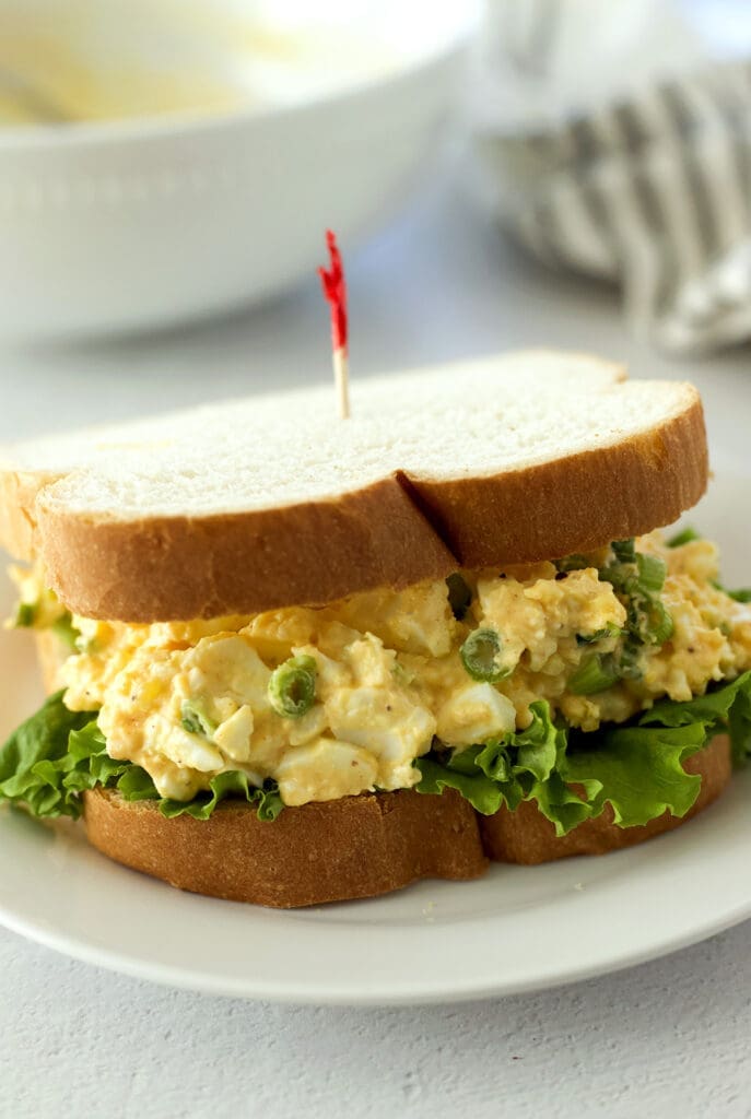 Southern Egg Salad Sandwich on a white plate.