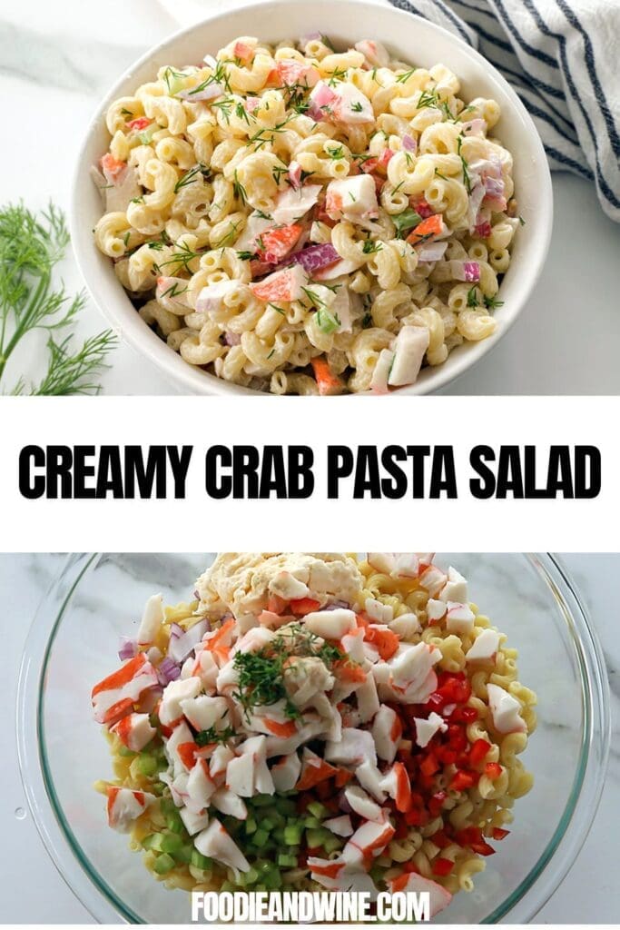 Pinterest graphic for crab pasta salad.