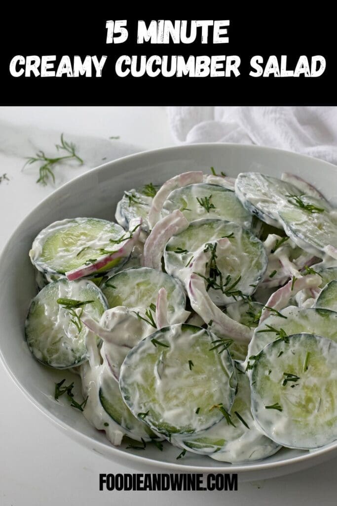 Creamy cucumber salad Pinterest graphics.