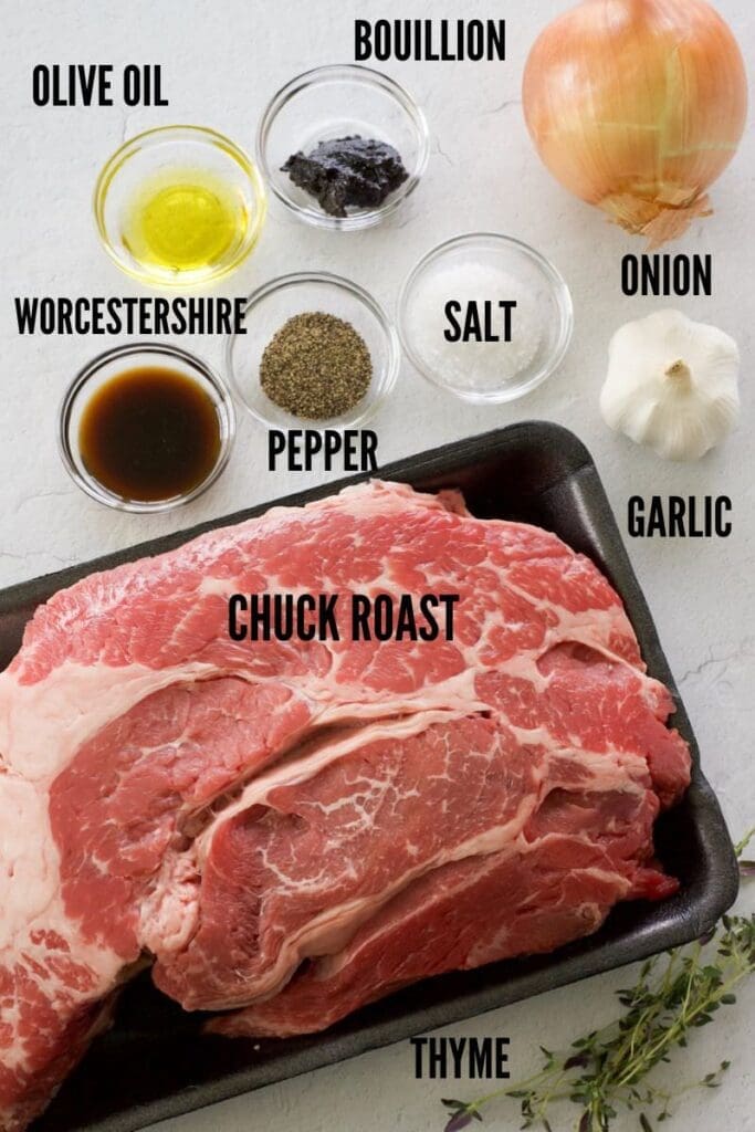 Labeled photo of chuck roast and other ingredients to make braised chuck roast.