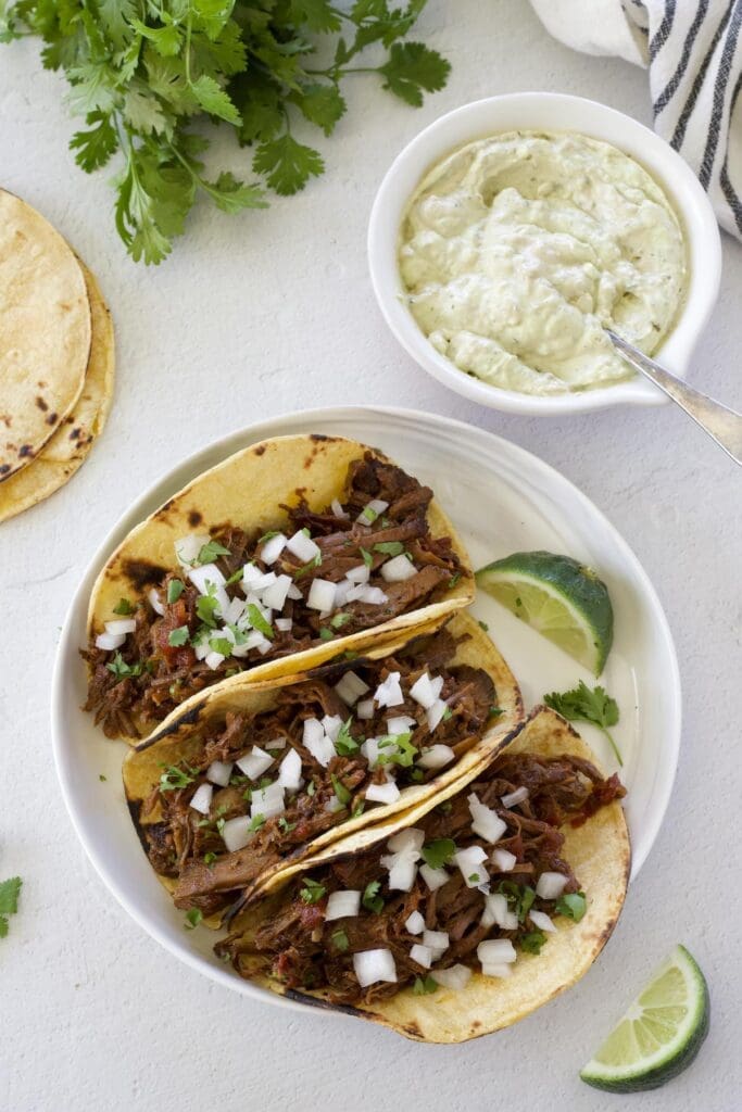Plate of 3 shredded beef tacos next to a cup of taco sauce.