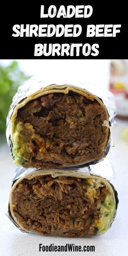 Pinterest graphic for mexican shredded beef burritos.