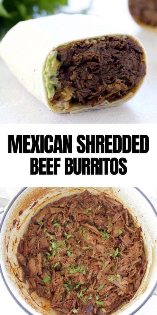 Pinterest graphic for mexican shredded beef burritos.