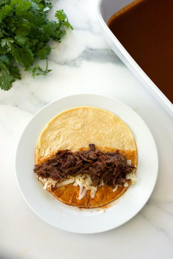 corn tortilla topped with cheese and beef.