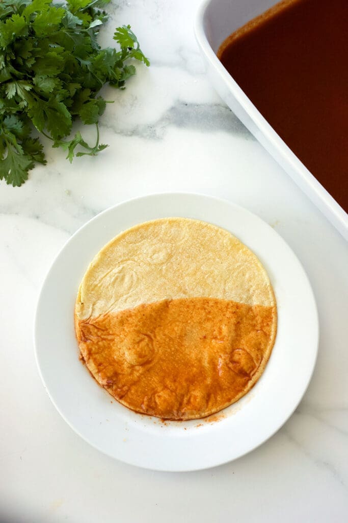 corn tortilla covered with enchilada sauce.